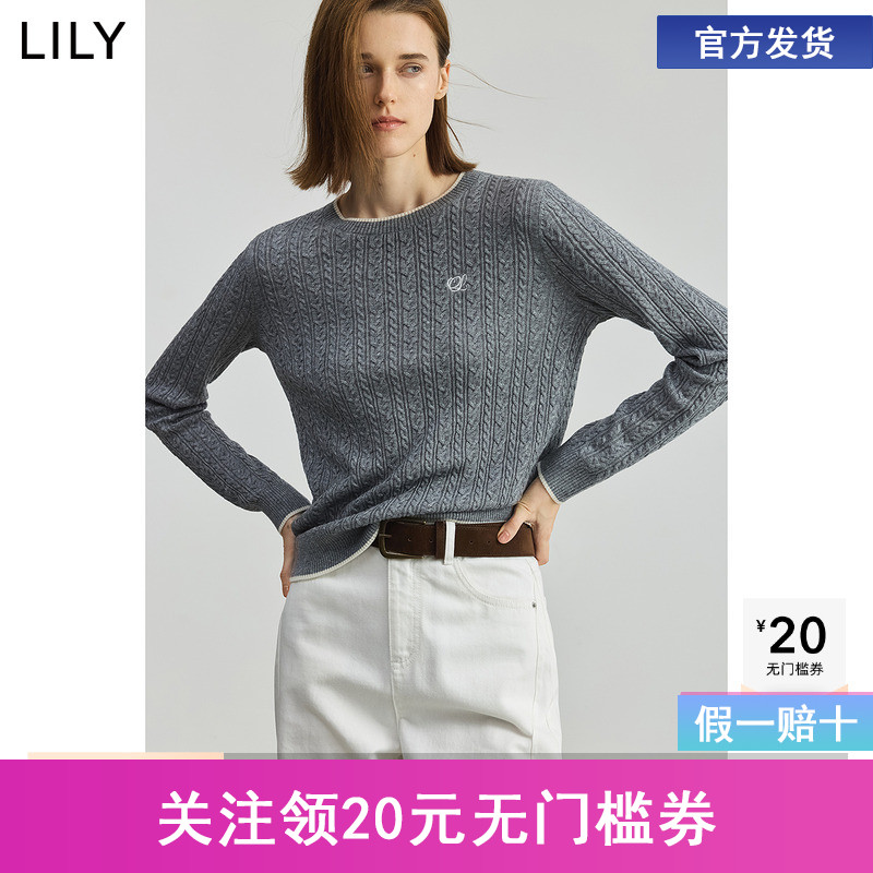 LILY2025秋新款格雷系羊毛混纺撞色圆领绞花休闲通勤针织衫女毛衣