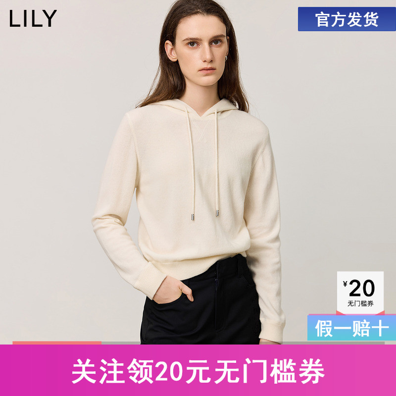 【商场同款】LILY2024冬新款女装绵羊毛休闲连帽针织衫毛衣女短款