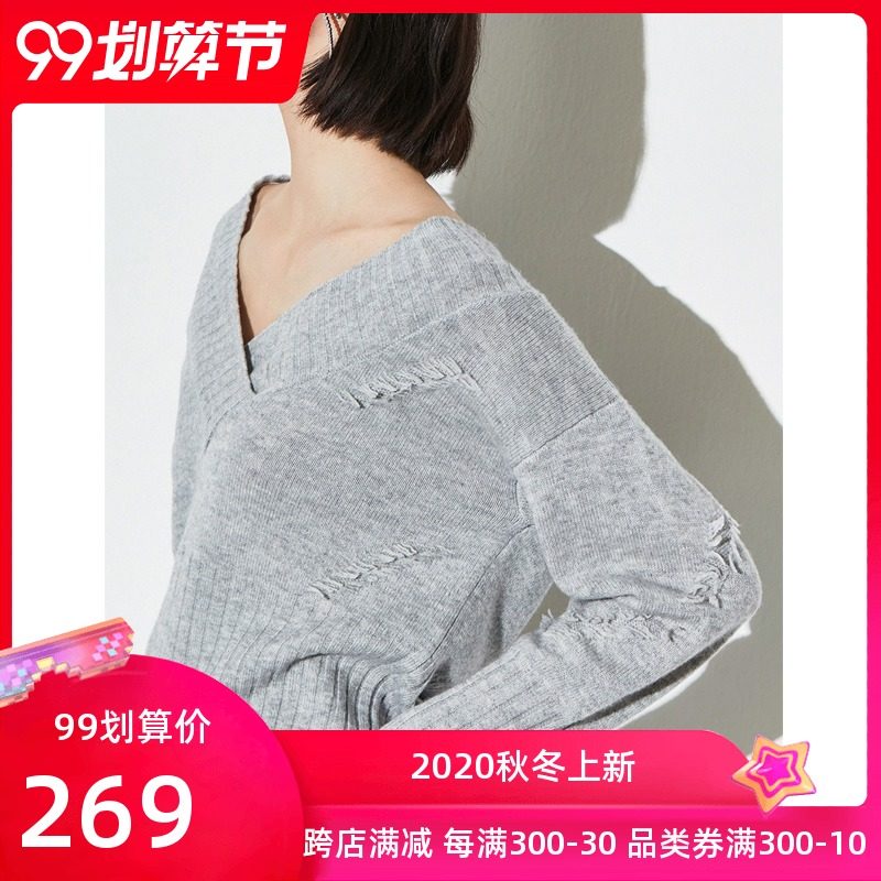 LILY2019冬新款女装百分百纯羊毛大V领短款落肩毛衣119440B8340