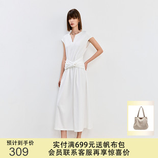 LILY2024夏季 宽肩显瘦纯色连衣裙 新品 V领收腰修饰身型遮肉小飞袖