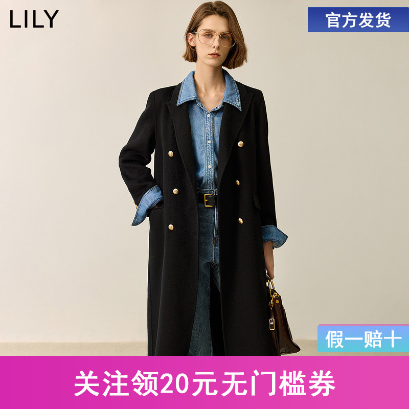 LILY冬新款%绵羊毛百搭通勤经典款黑色毛呢外套女长款大衣