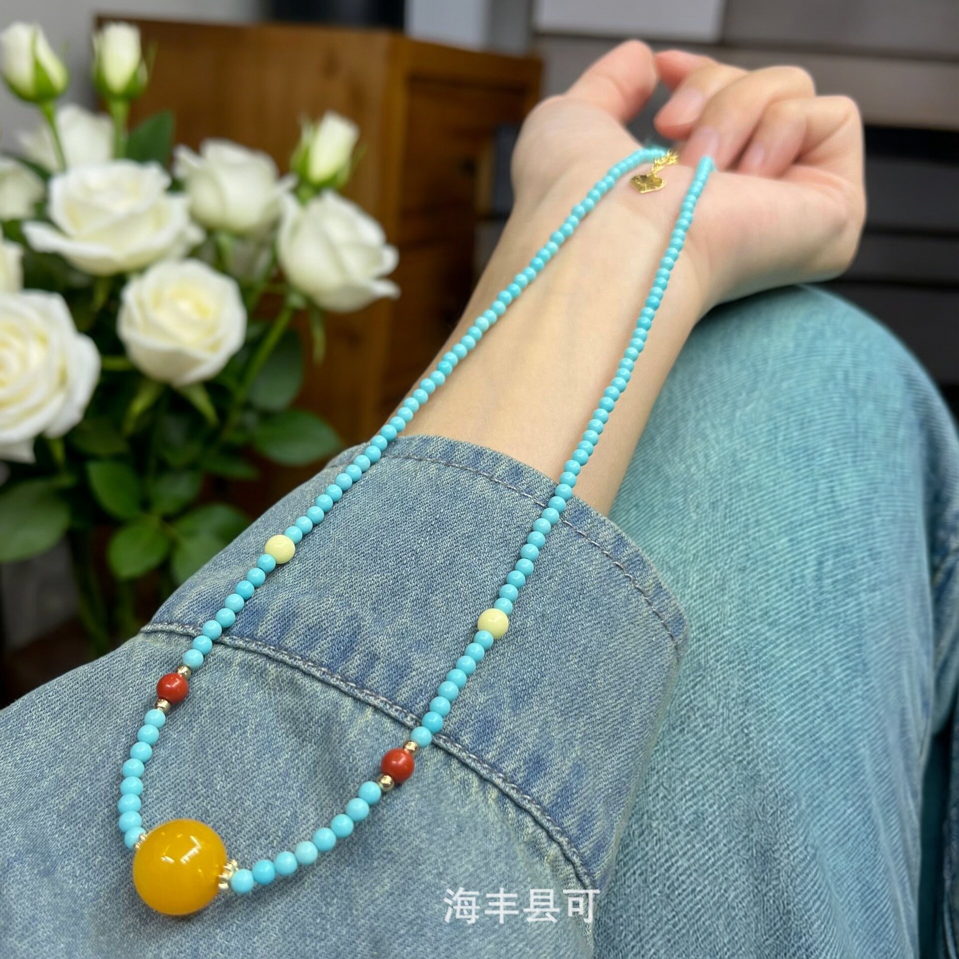 菱镁矿绿松石项链锁骨链调节搭配南红蜜蜡黄玛瑙单珠女生礼物直播