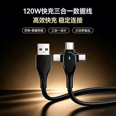 加长1.4米三合一充电线USBA转Lightning/Micro适用苹果17iPhone3手机usb插头车载数据线3头安卓华为Typec快充