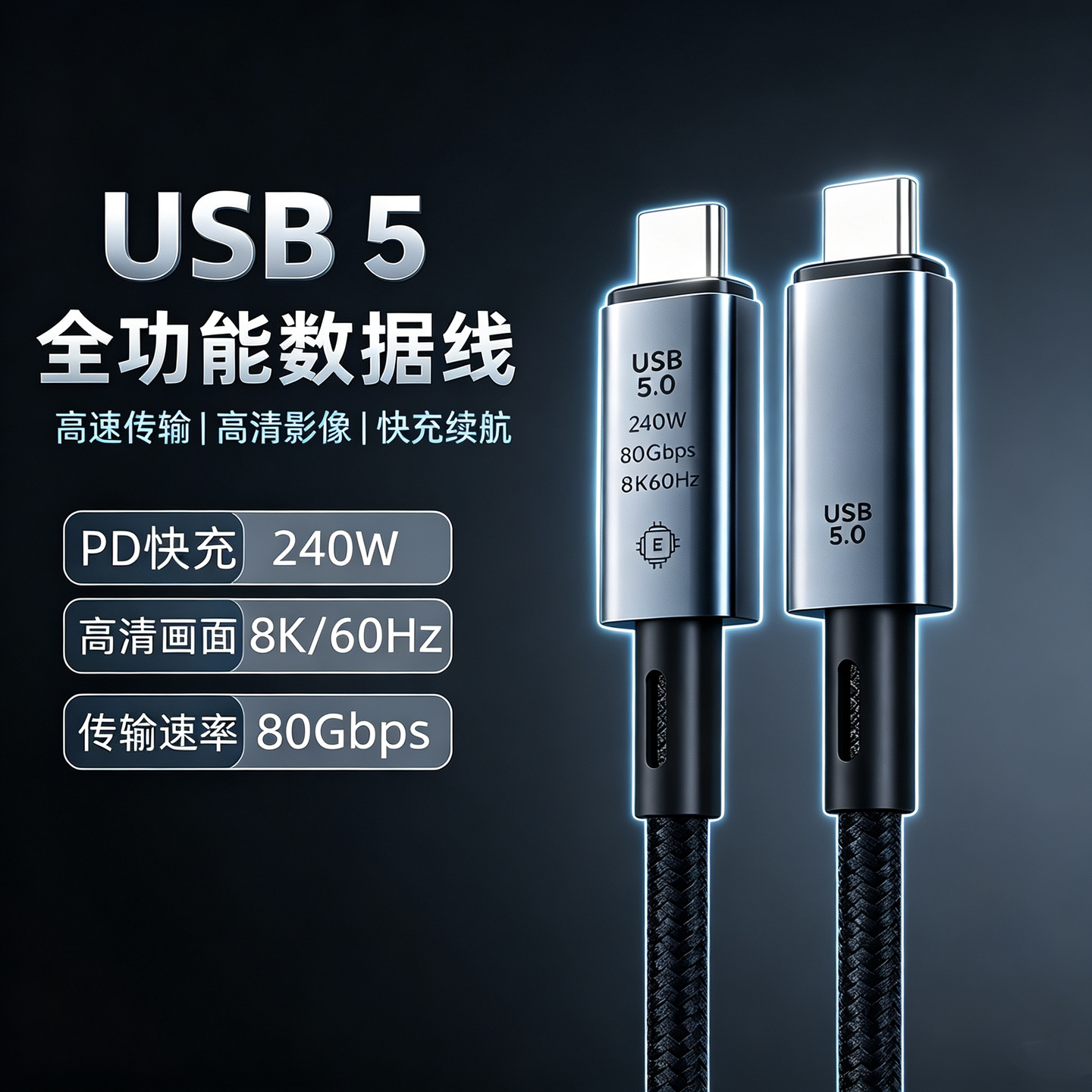 USB5/4.0全功能高速数据线雷电PD协议240W双头usb-c快充线2双typec全功能Mac电脑充电线40G/80Gps投屏连接线图片