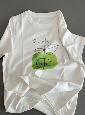青涩绿苹果95%棉短袖夏季新款圆领T恤白色上衣休闲风百搭女士tee