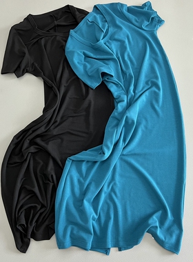 一穿就是靓丽风景线孔蓝色连衣裙短袖T恤圆领高弹可供面料开叉裙