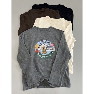 磨毛复古卡通印花长袖T恤女士春秋新款宽松休闲百搭显瘦打底上衣