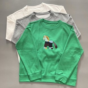 卡通风刺绣小马圆领卫衣春秋新款 上衣绿色小众 女士宽松休闲风长袖