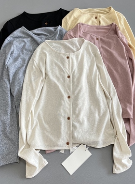 试穿巨好看棉麻质感扣子长袖开衫圆领上衣T恤春夏皆可休闲女宽松