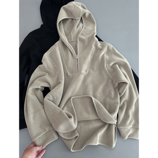 谁穿谁爱美式连帽宽松卫衣门襟半拉链长袖休闲套头上衣秋季女绒衫