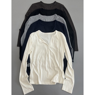 兰精天丝简约百搭纯色长袖T恤女春秋新款宽松显瘦休闲打底衫上衣