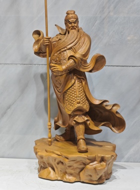 木雕关公神像摆件关圣帝君武财神像家居玄关装饰实木雕刻彩绘19寸