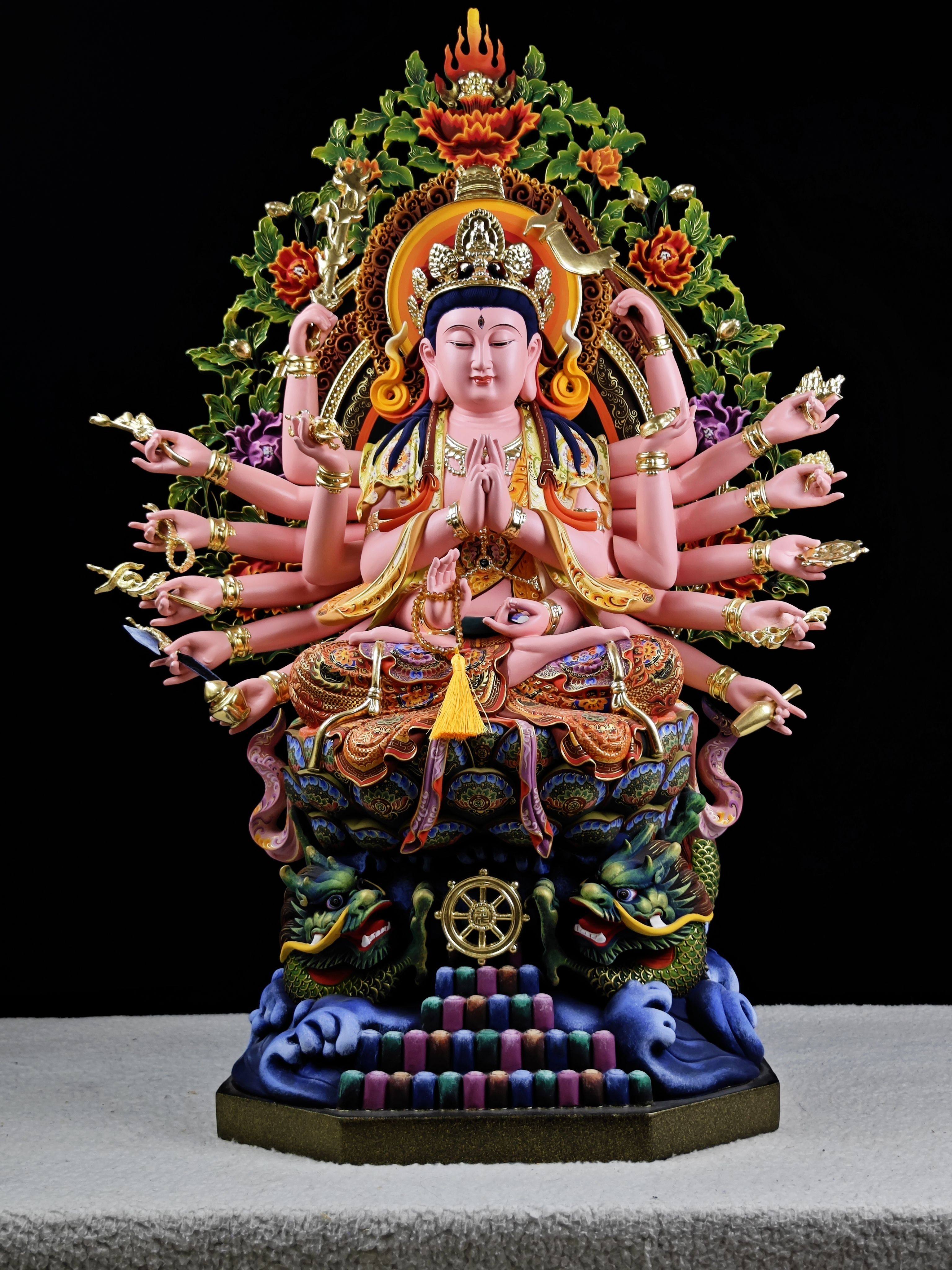 木雕彩绘贴金十八臂准提佛母佛像摆件真金古彩家居装饰品实木摆件