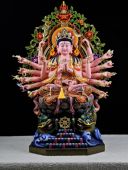 木雕彩绘贴金十八臂准提佛母佛像摆件真金古彩家居装 饰品实木摆件