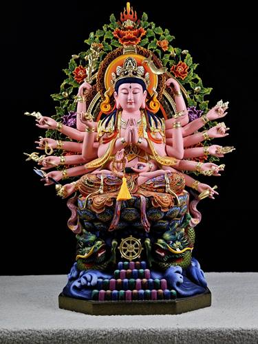 现货准提菩萨佛母佛像木雕摆件真金古彩家居玄关装饰实木摆件精品