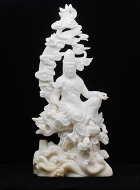现货1尊水月观音菩萨摆件佛像汉白玉观音雕刻工艺品家居玄关装饰