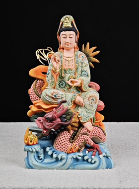 木雕彩绘观音菩萨佛像摆件贴金罩大漆玄关店铺开业家居装饰品实木