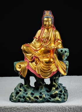 自在观音木雕古体经书菩萨贴真金箔罩大漆家居装饰玄关摆件复古风