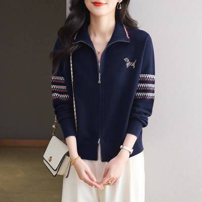 灰色翻领拉炼卫衣外套女秋装2025新款外搭翻领针织开衫短款棒球服