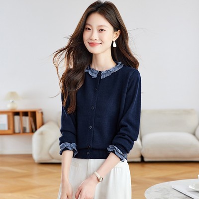 撞色花边领针织开衫女春秋2025爆款慵懒风独特漂亮拼接毛衣外套薄