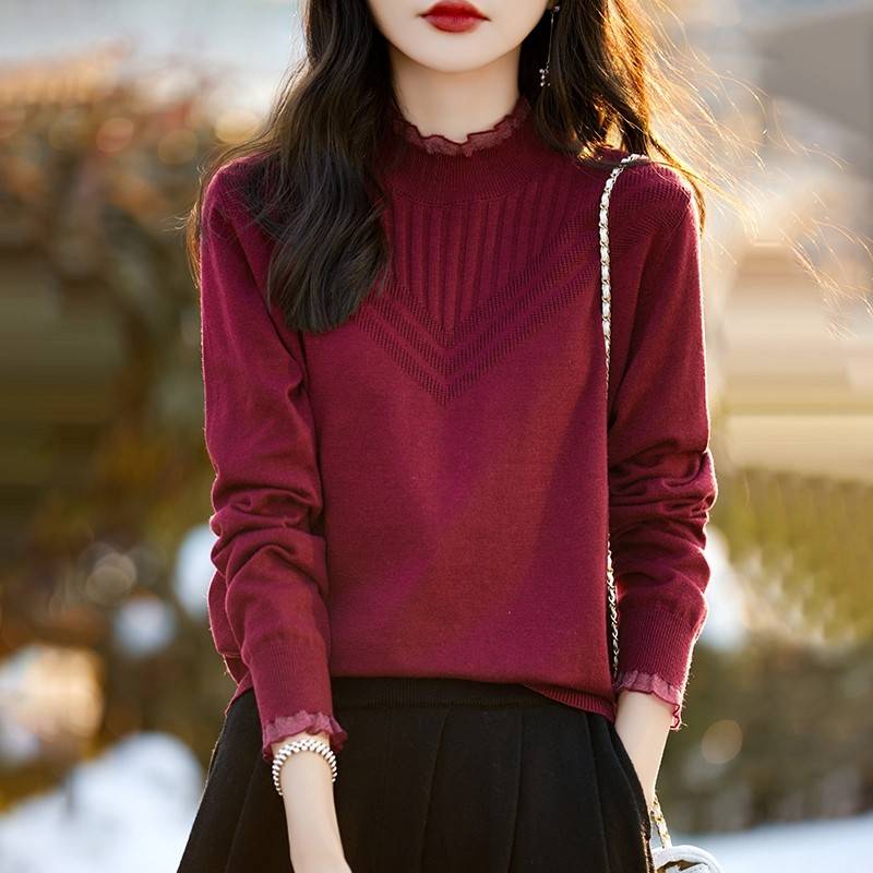 红色毛衣女秋冬季2025新款本命年蛇年衣服针织上衣大码蕾丝打底衫