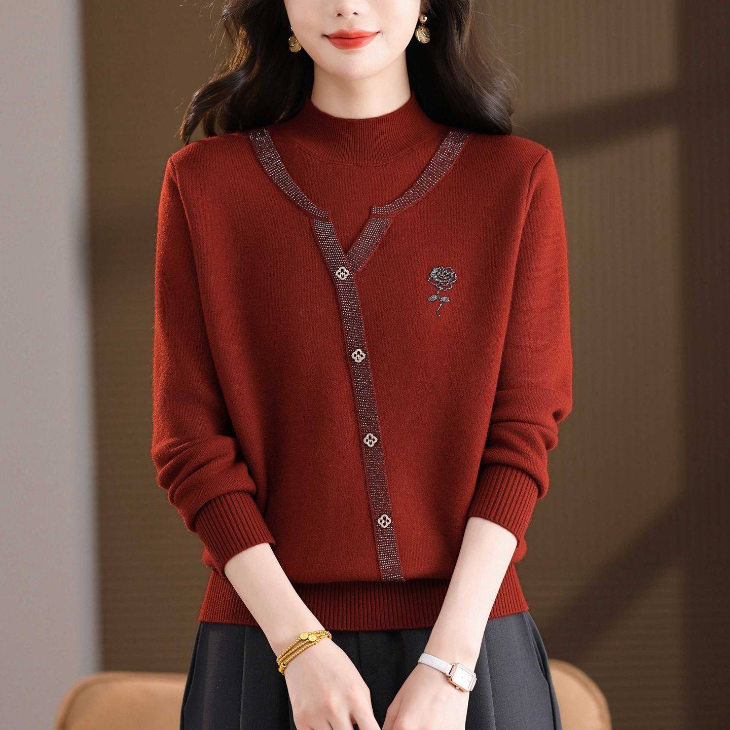2025秋装假两件针织开衫女玫瑰刺绣单排扣修身显瘦温柔风打底毛衣
