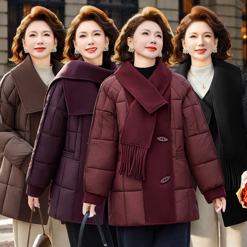 中老年女装围巾领棉服妈妈装大码