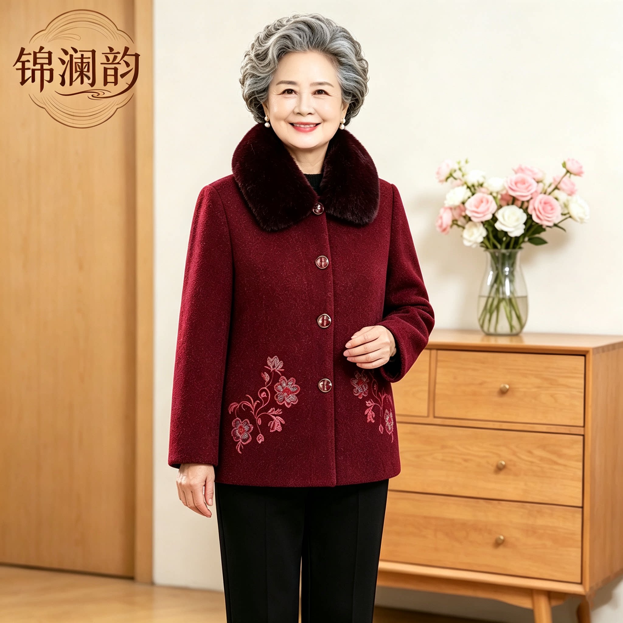 中老年女装毛呢外套妈妈装毛领刺绣加厚保暖奶奶秋冬大衣宽松型