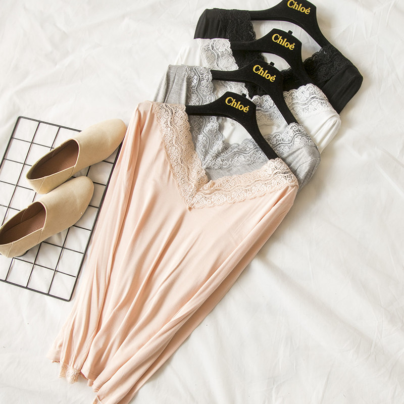 女秋冬薄款莫代尔内搭蕾丝花边V领打底衫长袖t恤大码内衣秋衣小衫,女装/女士精品,T恤,淘宝优惠券,粉丝福利购,淘宝优惠卷