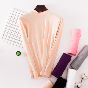 半高领超薄T恤黑色长袖打底衫修身体恤女中高领紧身上衣大码秋衣