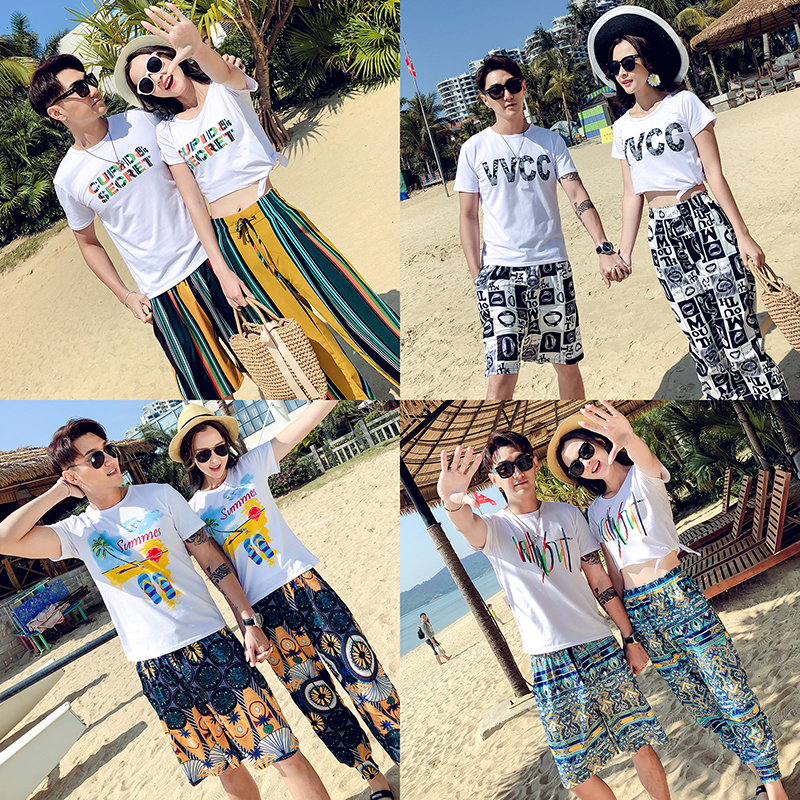 沙滩情侣装夏装2018新款海边蜜月度假套装男女海滩t恤沙滩裤套装