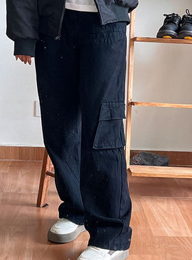 一只卷毛羊2024年秋冬新品矮个子美式复古高街直筒黑色工装牛仔裤