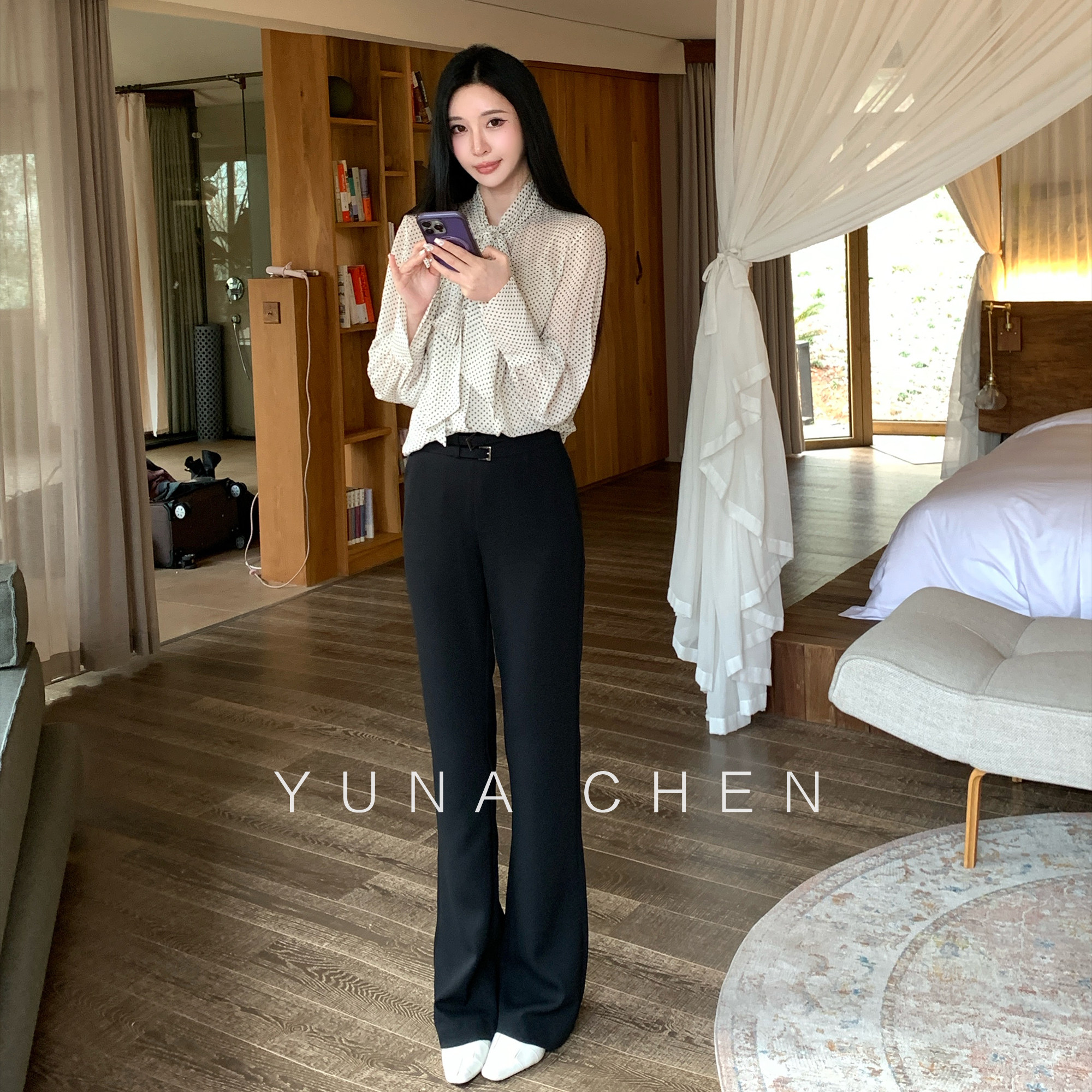 菠萝宝宝yuna【绅士双扣】西装裤女夏清凉黑色小喇叭重磅醋酸长裤