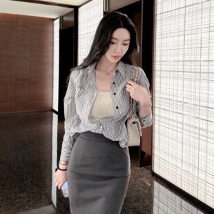菠萝宝宝yuna【黑白弦律】春夏黑白竖条纹无感舒适长袖衬衫女士