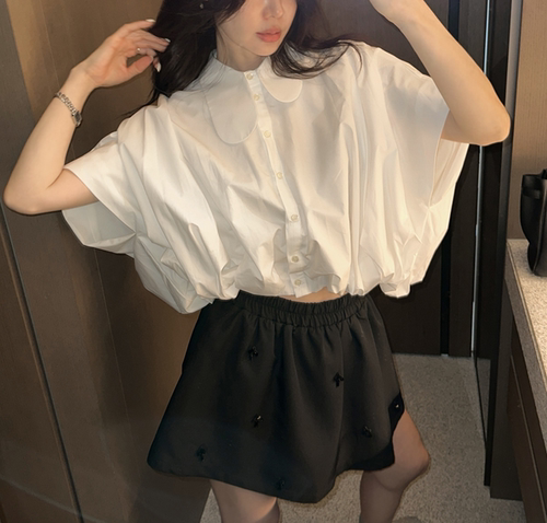 2025春季韩国东大门新款时尚百搭纯棉衬衫女宽松休闲褶皱短袖上衣