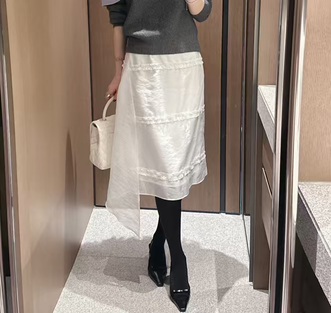 2026春季新款韩国东大门拼接不规则半身裙女中长款木耳边包臀裙子