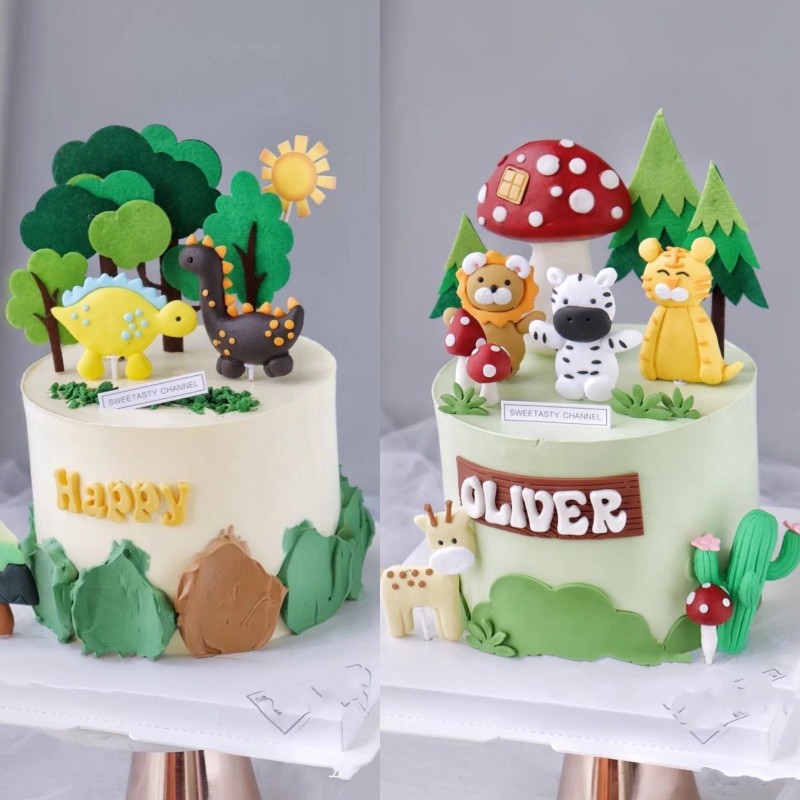 森系蛋糕装饰小动物狮子小奶牛老虎绿色蛋糕儿童生日派对装饰配件