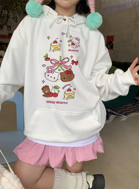 甜心轰炸机 美式HelloKitty猫KT连帽卫衣女秋冬宽松白色上衣外套