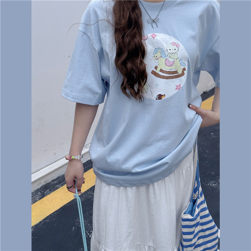甜心轰炸机盐系浅蓝色木马Kitty猫咪kt可爱卡通印花短袖T恤上衣女