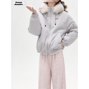甜心轰炸机2026秋冬新款白色大毛领工装棉服女小个子显瘦洋气