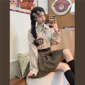 甜心轰炸机 日系复古条纹长袖衬衫女夏小个子春秋季JK制服衬衣