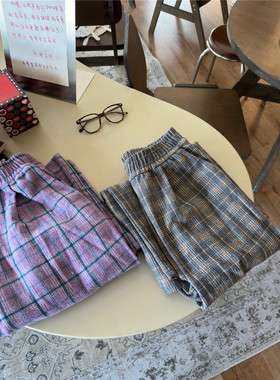 美式学院紫色毛呢格子裤女秋冬加厚宽松直筒加绒复古休闲阔腿裤子