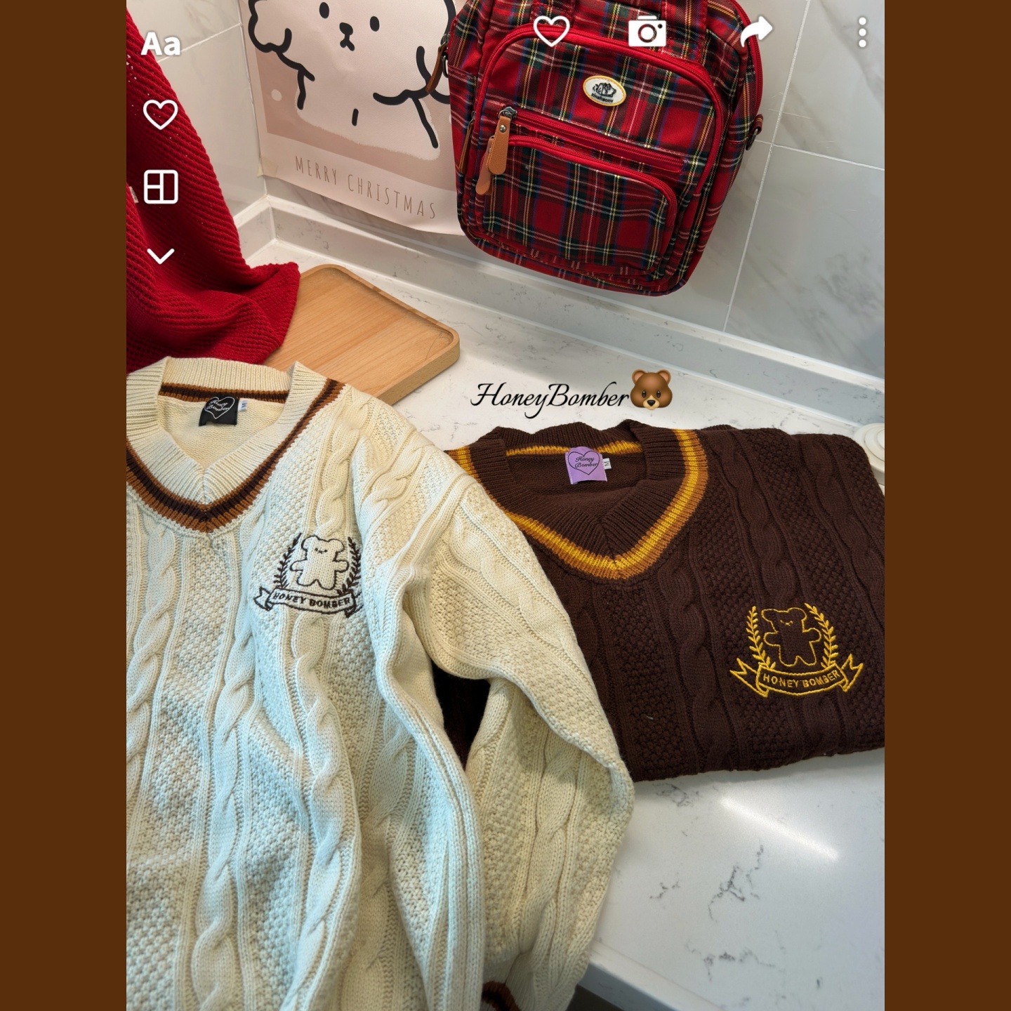 棕色小熊V领套头针织毛衣女秋冬内搭外穿秋冬小个子慵懒毛衫上衣