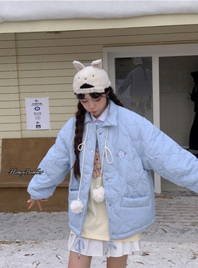 甜心轰炸机秋冬季奶系软糯蓝色棉服外套女小个子宽松学生加厚棉衣