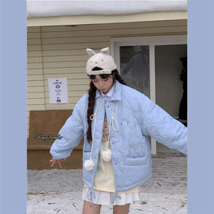 甜心轰炸机秋冬季奶系软糯蓝色棉服外套女小个子宽松学生加厚棉衣