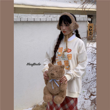 甜心轰炸机日系减龄可爱小熊休闲内搭卫衣女春秋冬季加绒加厚上衣