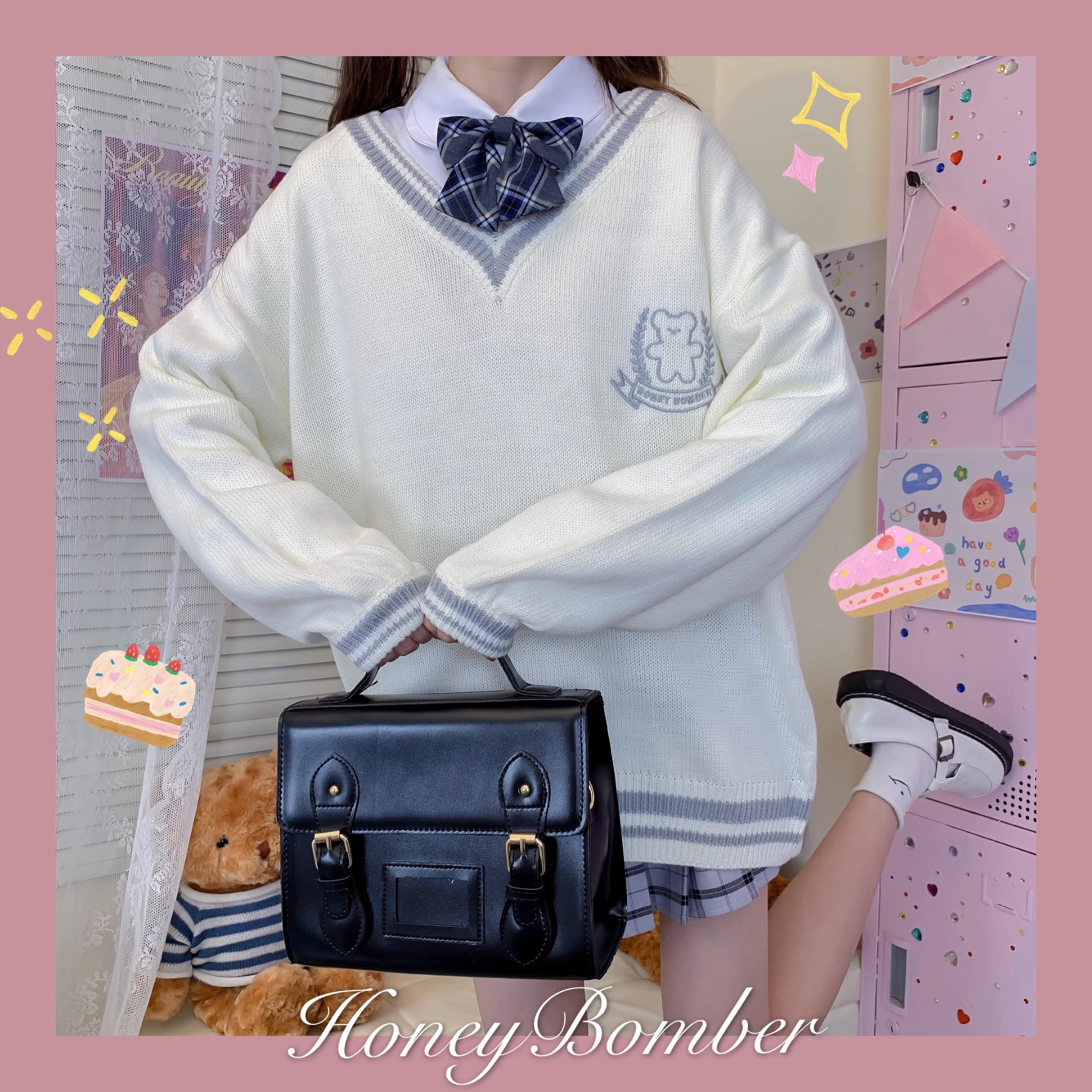 甜心轰炸机 日系甜美慵懒风针织毛衣女早秋可爱少女小熊刺绣外套