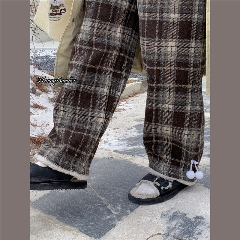 日系慵懒风高腰格子格子阔腿裤