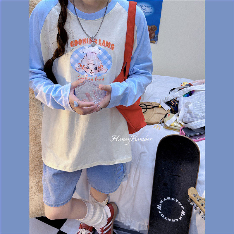学院风蓝色拼色小羊T恤女