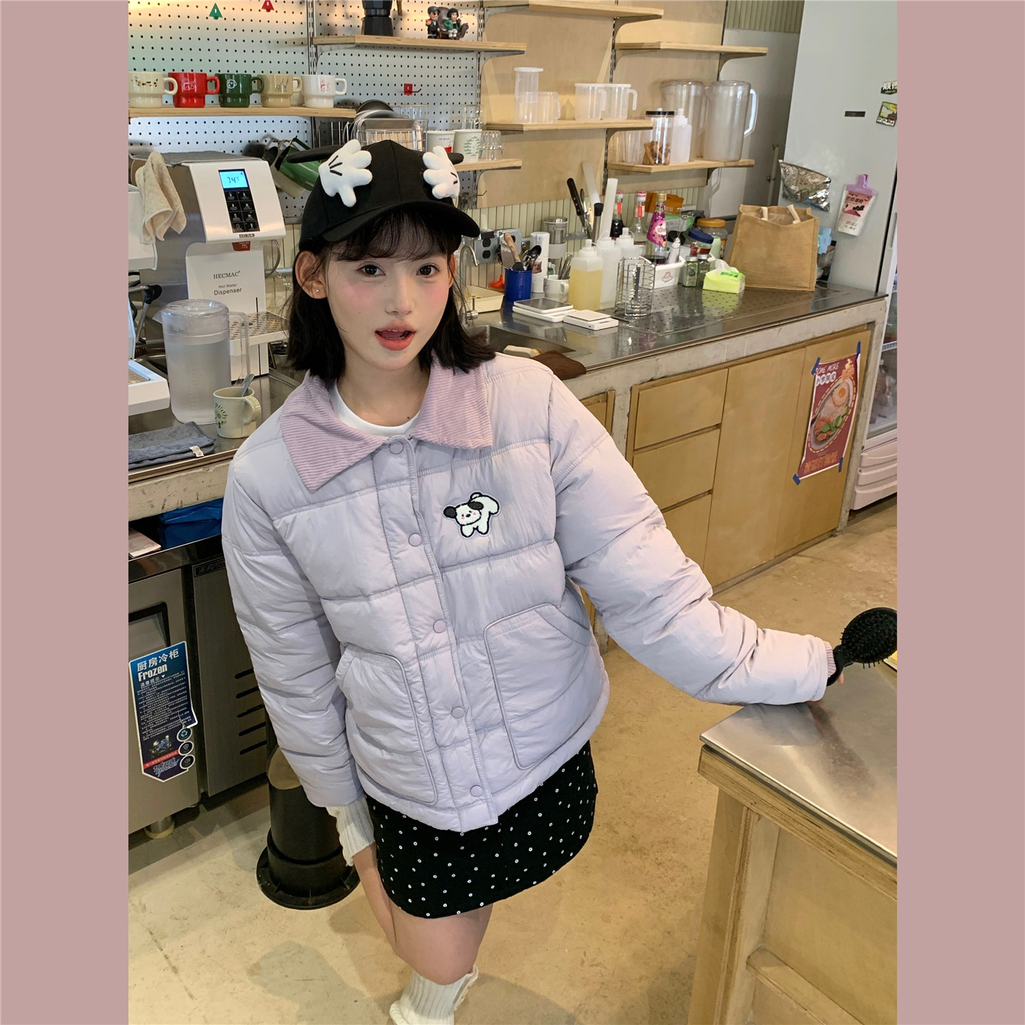 紫色菱形格羽绒棉服女冬短小个子